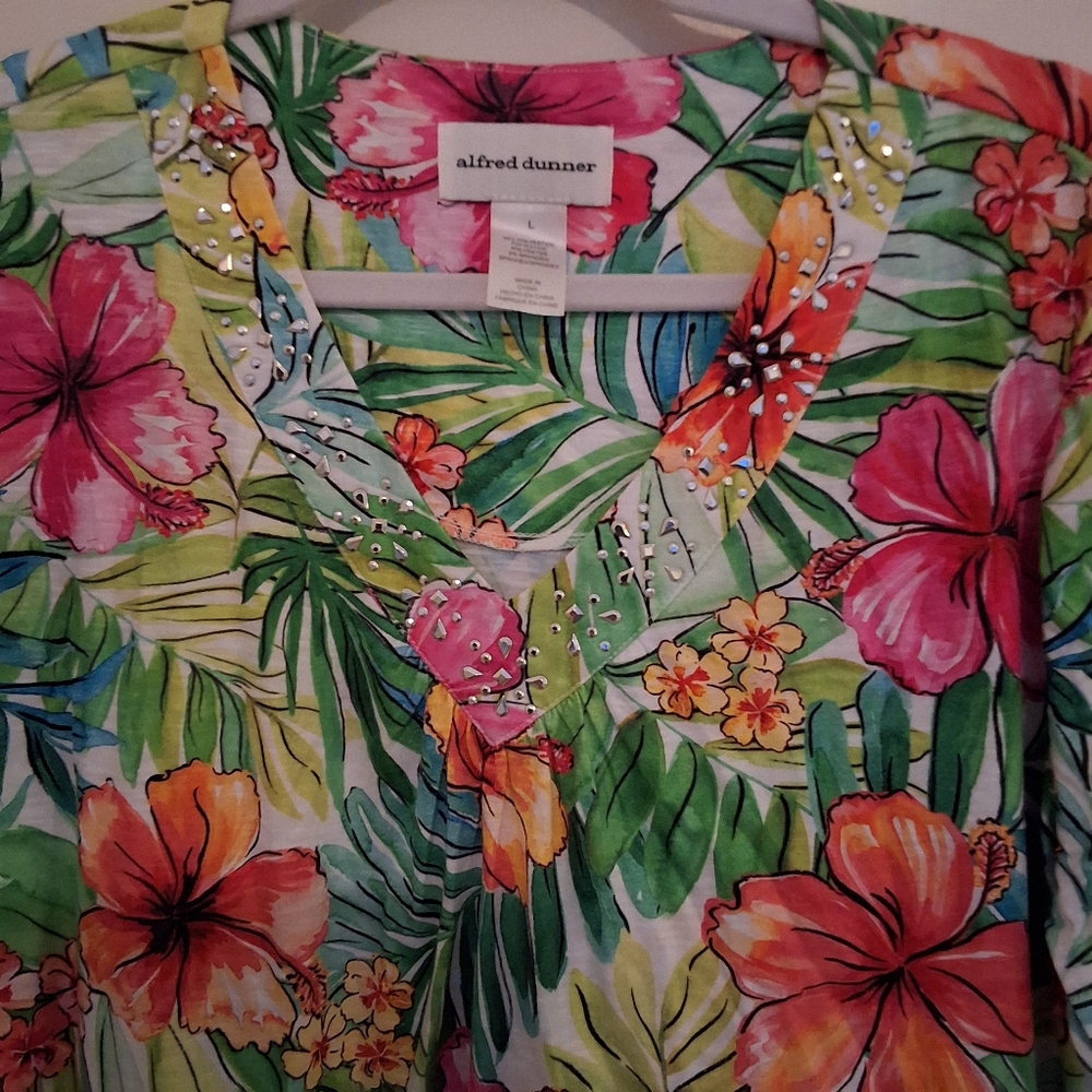 Alfred Dunner Tropical Floral Blouse - Pink, Orange, Green - Picture 2 of 7